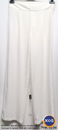 Pantaloni albi stil palazzo, cu talie inalta, fermoar în lateral, fără - 1