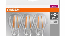 3 Becuri LED Osram Base Classic A, E27, 7W (60W), 806 lm, lumina neutra (4000K), cu filament