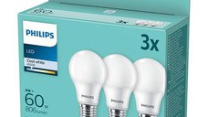 3 Becuri LED Philips A60, E27, 8W (60W), 806 lm, lumina neutra (4000K), mat