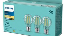 3 Becuri LED Philips Classic A60, E27, 8.5W (75W), 1055 lm, lumina calda (2700K), cu filament