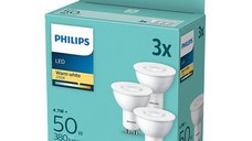 3 Becuri LED Philips Spot, GU10, 4.7W (50W), 380 lm, lumina calda (2700K)