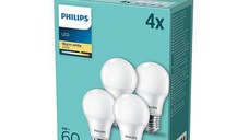 4 Becuri LED Philips A60, E27, 8W (60W), 806 lm, lumina calda (2700K), mat