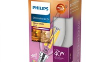 Bec LED Philips Classic BA35, EyeComfort, E14, 3.4W (40W), 470 lm, lumina calda (2200-2700K), dimabil, cu filament