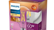 Bec LED Philips Classic G93, EyeComfort, E27, 5.9W(60W), 806 lm, lumina calda (2200-2700K), dimabil, cu filament