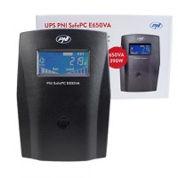 UPS PNI SafePC E650VA, putere 390W, 1.8A, iesire 2 x 230V, ecran LCD acumulator 7.2A inclus, Capacitate: 12V/7Ah, Timp backup: 8 - 2