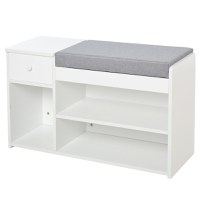 Banca pantofar cu perna, sertar si 3 compartimente deschise, mobilier din lemn pentru hol 81x31.5x49cm, alb - 1