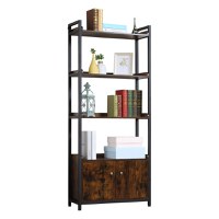 Biblioteca 4 rafturi HOMCOM, dulap cu 2 usi, stil industrial, maro, 75x30x180cm | Aosom RO - 1