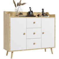 Bufet Modern HOMCOM din PAL si Lemn de di Pin cu 3 Sertare si 2 Dulapioare cu 2 Niveluri, 90x32x80 cm, Alb si Lemn Natur | Aosom RO - 1