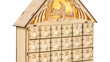 Calendar Advent din Lemn 24 Sertare Decoratiune de Craciun cu Nasterea Domnului Sculptata si Luminite, 26.6x6x30cm HOMCOM | Aosom RO