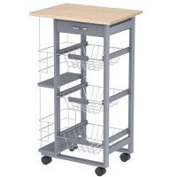 Carucior de Bucatarie cu 3 Sertare Detasabile, un Sertar si 2 Suporturi Sticle, din Lemn de Pin si Metal 47x37x83cm Stejar si Gri HOMCOM | Aosom RO - 1