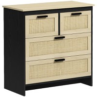 Comoda cu 4 Sertare HOMCOM din PAL si Ratan pentru Sufragerie si Dormitor, 80x38x80 cm, Negru si Lemn Natur | Aosom RO - 1