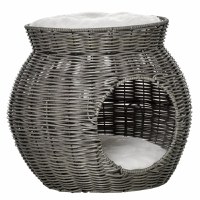 Cos pentru Pisici PawHut din rattan PE cu 2 Niveluri pentru zgariat, Casuta si Cos cu Perne de Plus Lavabile, Φ50x43.5cm - Gri Inchis | Aosom RO - 1