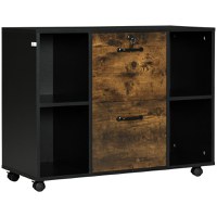 Dulap de Birou cu 2 Sertare pentru Dosare si Rafturi Deschise din PAL, Manere Otel, Roti cu Blocare, 80x37.5x63cm, Maro Rustic Vinsetto | Aosom RO - 1