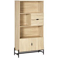 HOMCOM Biblioteca de Perete din MDF si Metal cu 2 Sertare, 2 Dulapioare si 4 Rafturi Deschise, 80x35x155 cm, culoare Lemn natur - 1