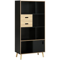 HOMCOM Biblioteca Moderna din MDF si PAL cu 2 Sertare si 7 Rafturi Deschise, 80x40x165 cm, Negru si Lemn natur - 1