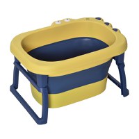 HOMCOM Cadita de Baie Plianta pentru Nou-Nascuti si Copii de 0-6 Ani, din Plastic Antiderapant, Albastru inchis si Galben, 75,3x55,4x43cm - 1