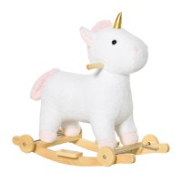 HOMCOM Cal tip Balansoar 2 in 1 Unicorn Leagan cu Baza Curbata si Roti, Sunete Integrate si Invelis de Plus, jucarie 63x38x63cm, Alb | AOSOM RO - 1