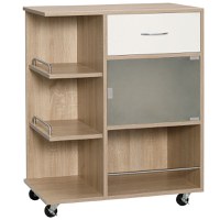 HOMCOM Cărucior Bucătărie Modern 3 Niveluri, Ușă Sticlă, Roți, Rafturi Deschise, Sistem Anti-Cădere, 65x39x80cm, Natural-Alb | Aosom Romania - 1