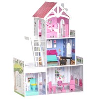 HOMCOM Casa din Lemn pentru Papusi cu 3 Etaje cu Scari si Accesorii, Structura din MDF, pentru Copii de 3-6 Ani, 60x29x85cm, Roz - 1