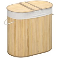 HOMCOM Cos de rufe din bambus cu capac, 100 litri cu 2 sectiuni, captuseala detasabila lavabila, 62,5 x 37 x 60,5 cm, natural - 1