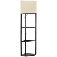 HOMCOM Lampa de podea de colt cu rafturi si abajur din material textil, lampa din lemn pentru living si dormitor, 50x37x159cm, negru | AOSOM RO - 1