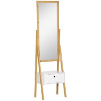 HOMCOM Oglinda de podea multifunctionala cu sertar pentru dormitor si coridor, din MDF si bambus, 45x30x160cm, culoare alb si lemn - 1