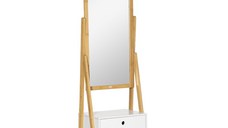 HOMCOM Oglinda de podea multifunctionala cu sertar pentru dormitor si coridor, din MDF si bambus, 45x30x160cm, culoare alb si lemn