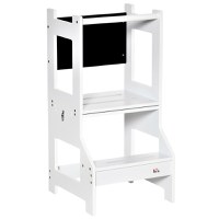 HOMCOM Scara Montessori 2 in 1 detasabila din MDF, pentru copii 3-6 ani, cu taburet, tabla, balustrada si balustrade incluse, alb - 1