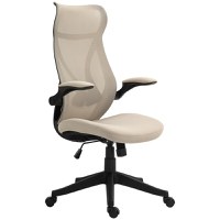 HOMCOM Scaun Ergonomic de Birou cu Brațe Rabatabile, Tetieră, Înălțime Reglabilă și Funcție de Leagăn, 66x66x121 cm, Bej | Aosom Romania - 1