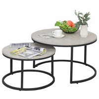 HOMCOM Set 2 Masute de Cafea care se Suprapun, Masute pentru Salon Rotunde din Metal si MDF Efect Marmura, Gri si Negru - 1