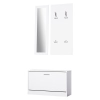 HOMCOM Set 3 Piese Suport pantofi Suport haine Oglinda pentru Hol sau Dormitor, din Lemn, 80x27x46,5cm, Alb | Aosom Romania - 1