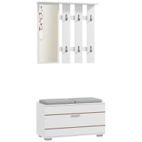 HOMCOM Set de Depozitare pentru Hol 4-în-1, Cuiere, Oglindă, Bancă pentru Încălțăminte cu Scaun, 85x35x49 cm, Alb | Aosom Romania - 1