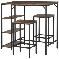 HOMCOM Set Masa Inalta cu 2 Taburete si Raft Stil Industrial din Metal si Lemn, Mobilier Modern Bar si Bucatarie, Maro Rustic - 1