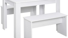 HOMCOM Set Mobilier Bucătărie Modern, Masă Albă cu 2 Bănci, Design Compact, Ideal pentru Spații Mici, Alb | Aosom Romania