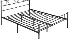 HOMCOM Structura Pat Matrimonial din Otel 160x200cm cu Sipci Integrate, Tetiera si Tablie, Spatiu de Depozitare, Negru