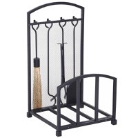 HOMCOM Suport pentru Lemne de Interior si Exterior din Metal cu Manere si 4 Unelte pentru Semineu Incluse, 39x39x68cm, Negru - 1