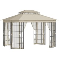 Outsunny Foisor de Gradina 3.65x3m,pavilion gradina cu Plasa, din Poliester si Metal, Negru, Bej | Aosom Romania - 1