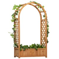 Outsunny Jardiniera de exterior din lemn de brad maro cu arc decorativ si grile pentru plante cataratoare, 83x36x152cm | AOSOM RO - 1