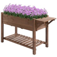 Outsunny Jardiniera suprainaltata din lemn pentru gradina, jardiniera suprainaltata cu raft pliabil si raft inferior, 123x54x74cm, maro - 1