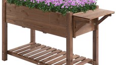 Outsunny Jardiniera suprainaltata din lemn pentru gradina, jardiniera suprainaltata cu raft pliabil si raft inferior, 123x54x74cm, maro