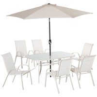 Outsunny Set de Mobilier de Gradina 8 Piese, Masa de Gradina cu Scaune, Umbrela de Soare cu Inclinare Reglabila, Aluminiu, Alb Crem - 1