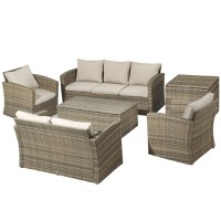 Outsunny Set de mobilier de gradina din ratan de 6 piese, canapea si 2 fotolii tapitate pentru 7 persoane, bej | AOSOM RO - 1