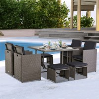 Outsunny Set Mobilier de Gradina Extern 9 bucati Masa cu 4 Scaune 4 Taburet in Rattan, Maro - 1