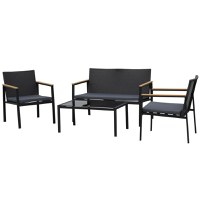 Outsunny Set Mobilier Gradina din Ratan cu 4 Piese 2 Scaune Terasa cu Brate, Banca si Masa de cafea in Otel, 80x42x37cm Culoarea Negru | Aosom.ro  - 1