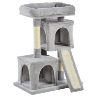 PawHut Ansamblu pentru pisici cu stalpi din sisal, pat si 2 case cu tapiterie de plus, 59x39x83cm, gri - 1