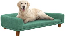 PawHut Canapea pentru Animale de Companie, Pat Inaltat cu Perna Moale, Cadru din Lemn, Lounge cu Instalare Usoara, 98x67x25cm, Verde | Aosom RO