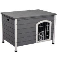 PawHut Cusca pentru Caini de Exterior, Casuta pentru Caini din Lemn, Impermeabila cu Usa cu Incuietoare, 80x55x53,5 cm, Gri - 1