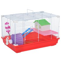 PawHut Cusca pentru Hamsteri cu 2 Nivele din Metal si PP cu Casuta, Rezervor de apa, Roti si Farfurioare, 47x30x27 cm, Rosu si Alb - 1