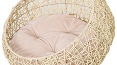 PawHut Pat pentru Pisici din Rattan cu Perna din Lin si Bumbac Bej Ф56 x 35 cm