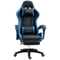 Scaun de gaming din piele ecologica PU si otel cu inaltime reglabila si spatar inclinabil, 65x65x121-129 cm, albastru si negru | AOSOM RO - 1